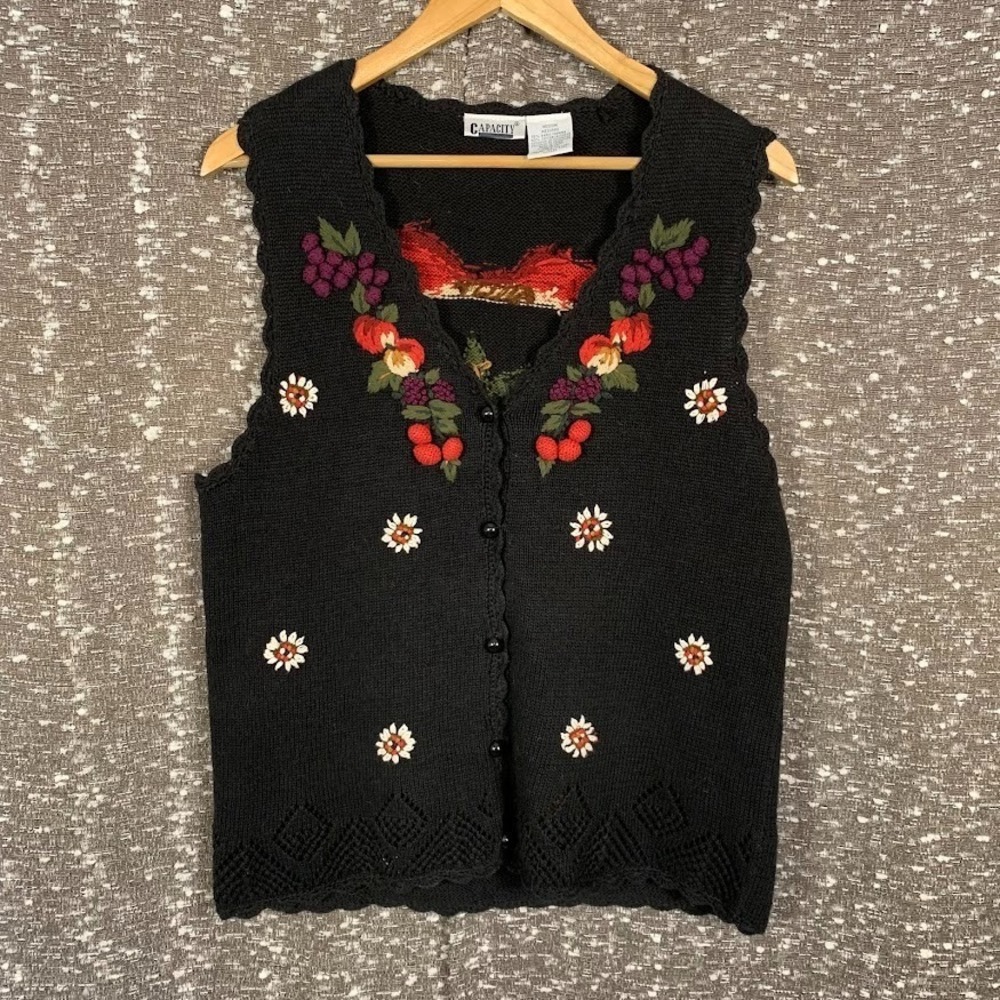 Vintage Capacity Floral Fruit Basket Knit Sweater Vest Cottagecore Womens Medium